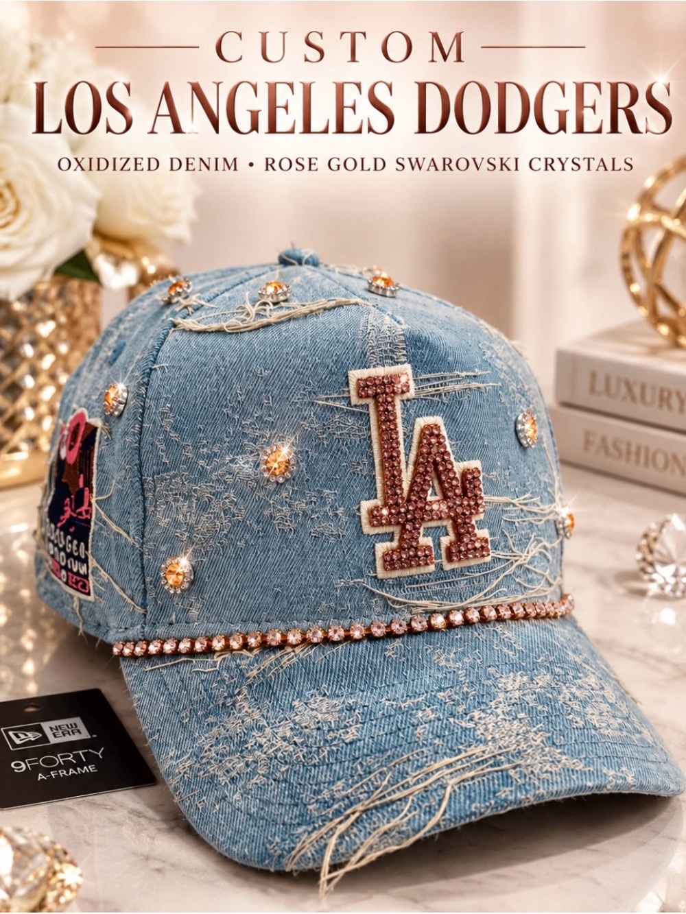 New Era Light Blue Distressed Denim LA Baseball Cap with Rose Gold Crystals